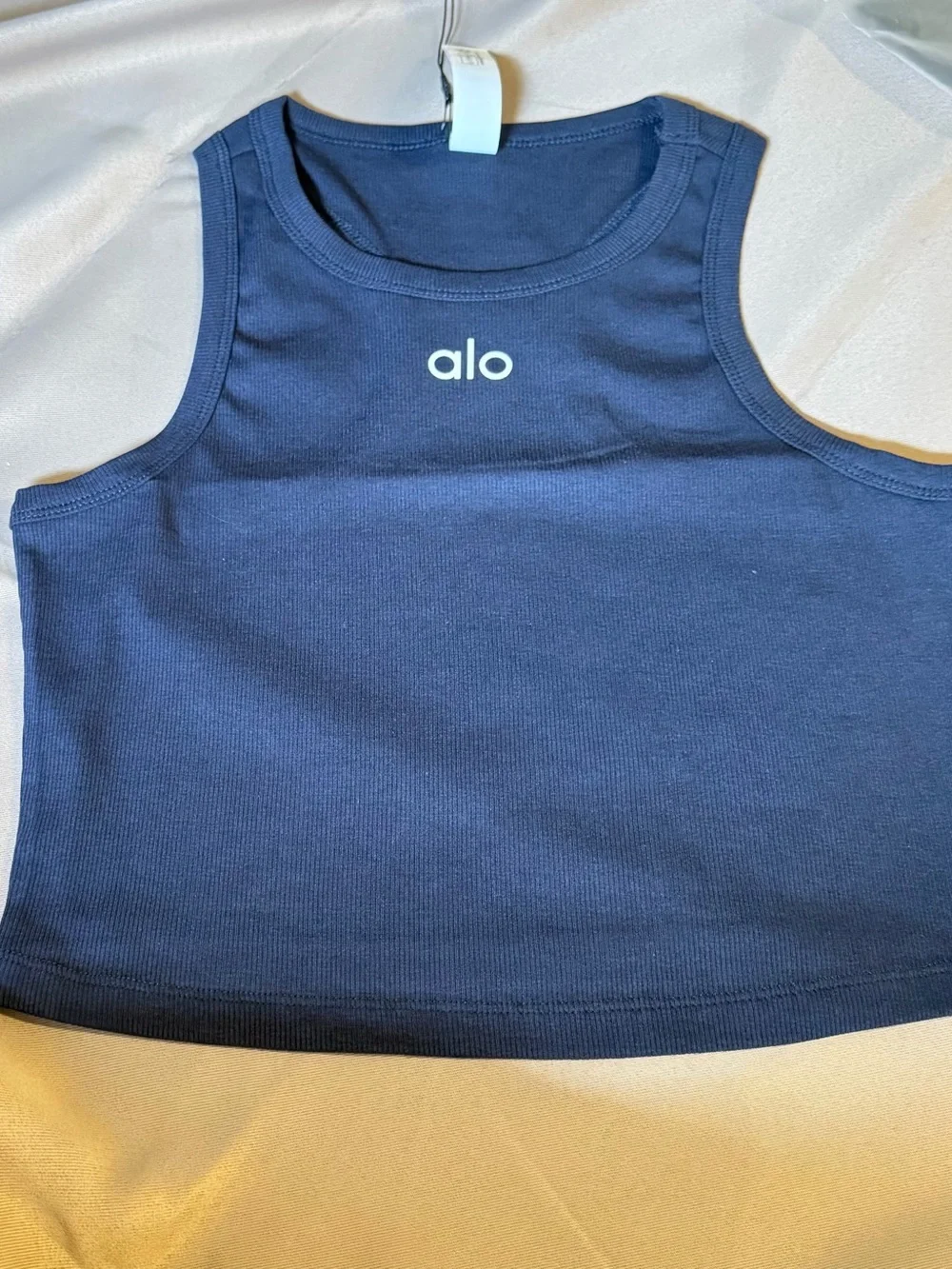 ALO Yoga Kids Navy Ribbed Tank with White Logo